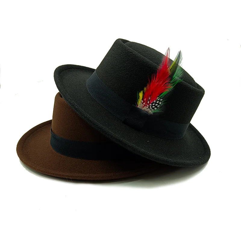 Porkpie hats for men fedoras jazz hats Feather Flat Top hat Panama fashion sombrero hombre chapeu masculino vintage Business