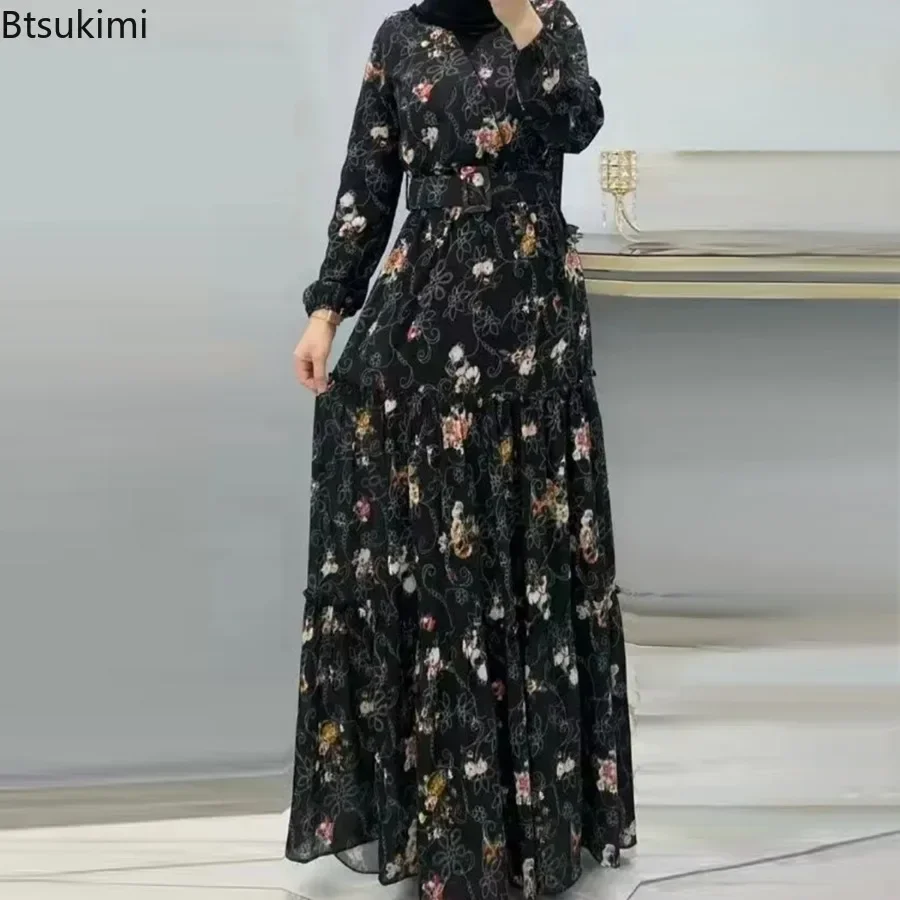 New Fashion Muslim Dresses Women\'s Floral Printed Long Sleeve Maxi Dress Dubai Kaftan Robe Elegant Evening Dress Abaya for Women