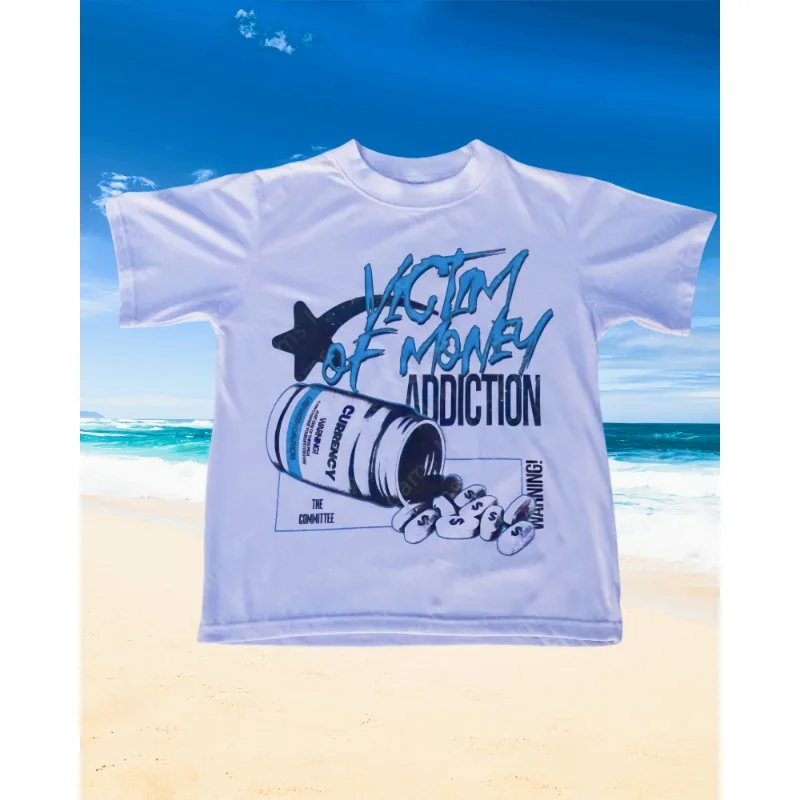 Victim of Money Addiction Print Street Vintage Short Sleeve Oversized T-shirt Men Y2k Goth Harajuku Fashion Casual Trend Tops