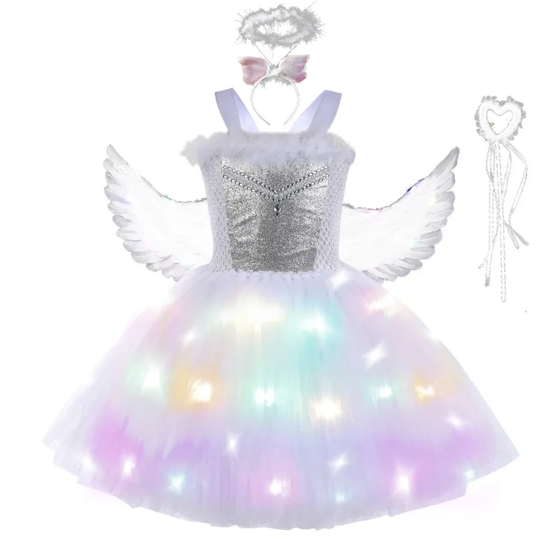 

LED Lights Angel Costumes for Girls Christmas Gifts Kids White Tulle Tutu Dress with Wings Halloween Fairy Cosplay Outfit 2-8Y