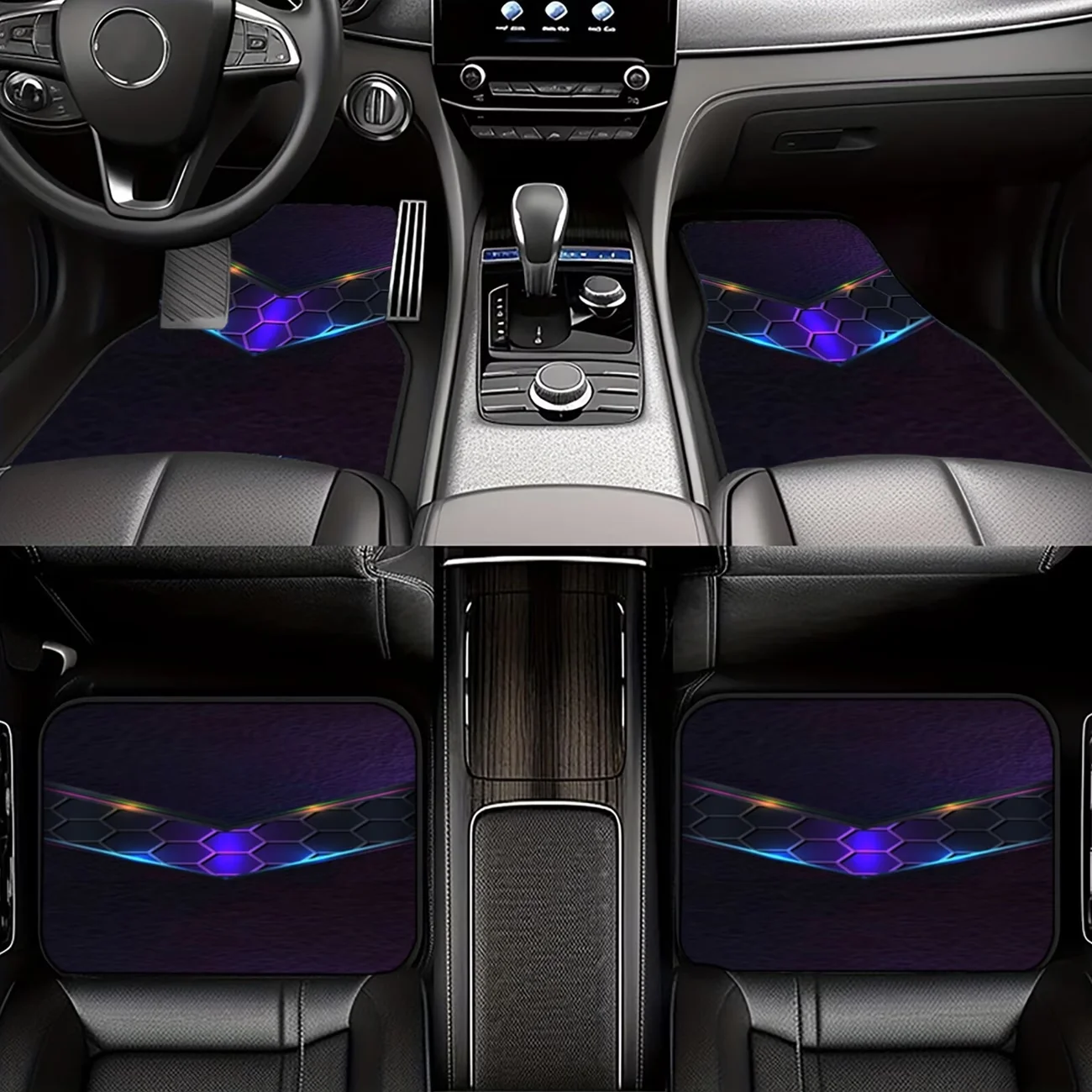 4-Piece Set, Hexagonal Pattern with Neon Blue and Purple Fluorescent Design, Suitable for Stylish Car Floor Mats for Various Car Models, a Trendy Interior Decoration for Any Vehicle