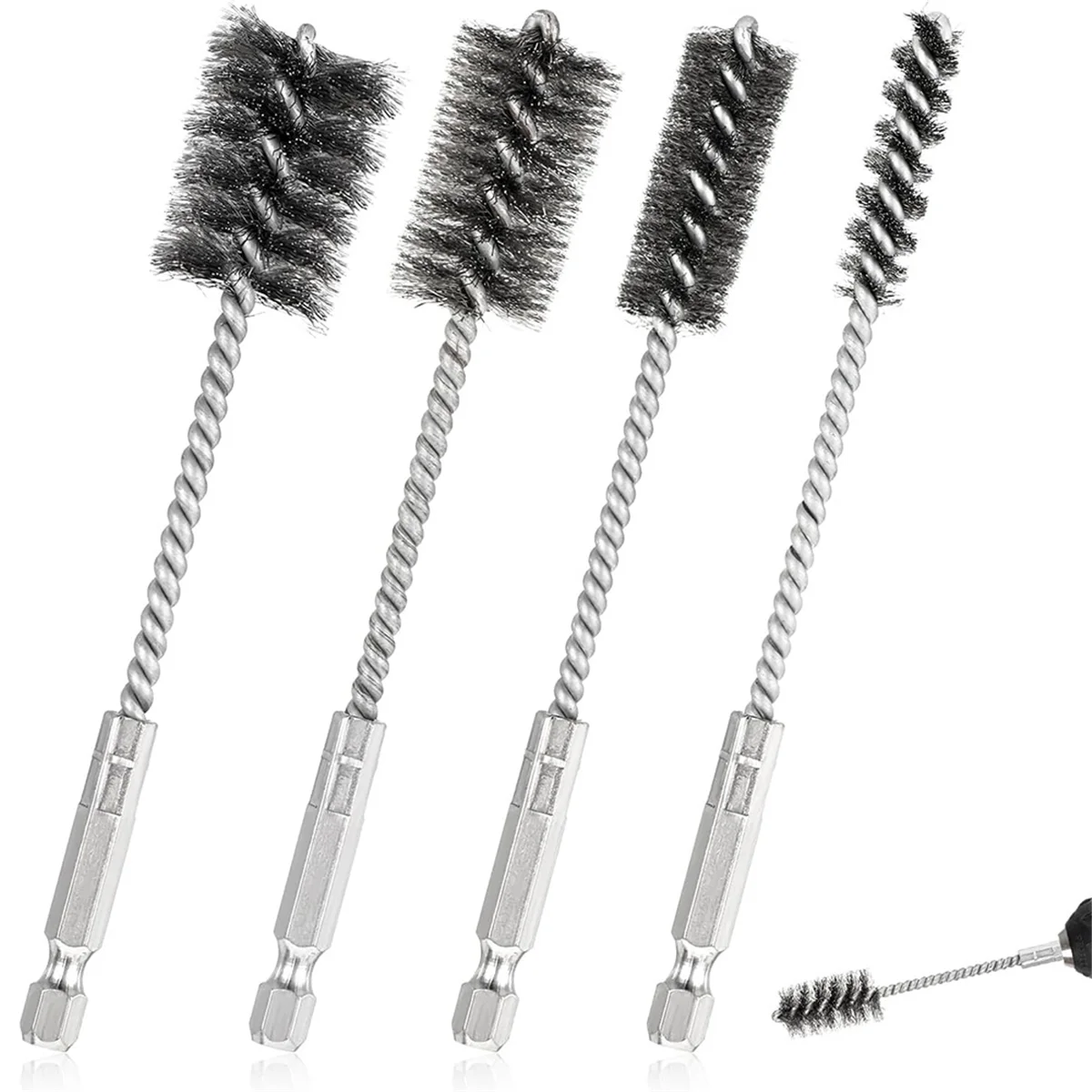 A75K 4 Pcs Wire Brushes for Drill Stainless Steel Bore Brush Set 3/8In 1/2In 3/4In 7/8In for Drill Ports Tubes Bearings