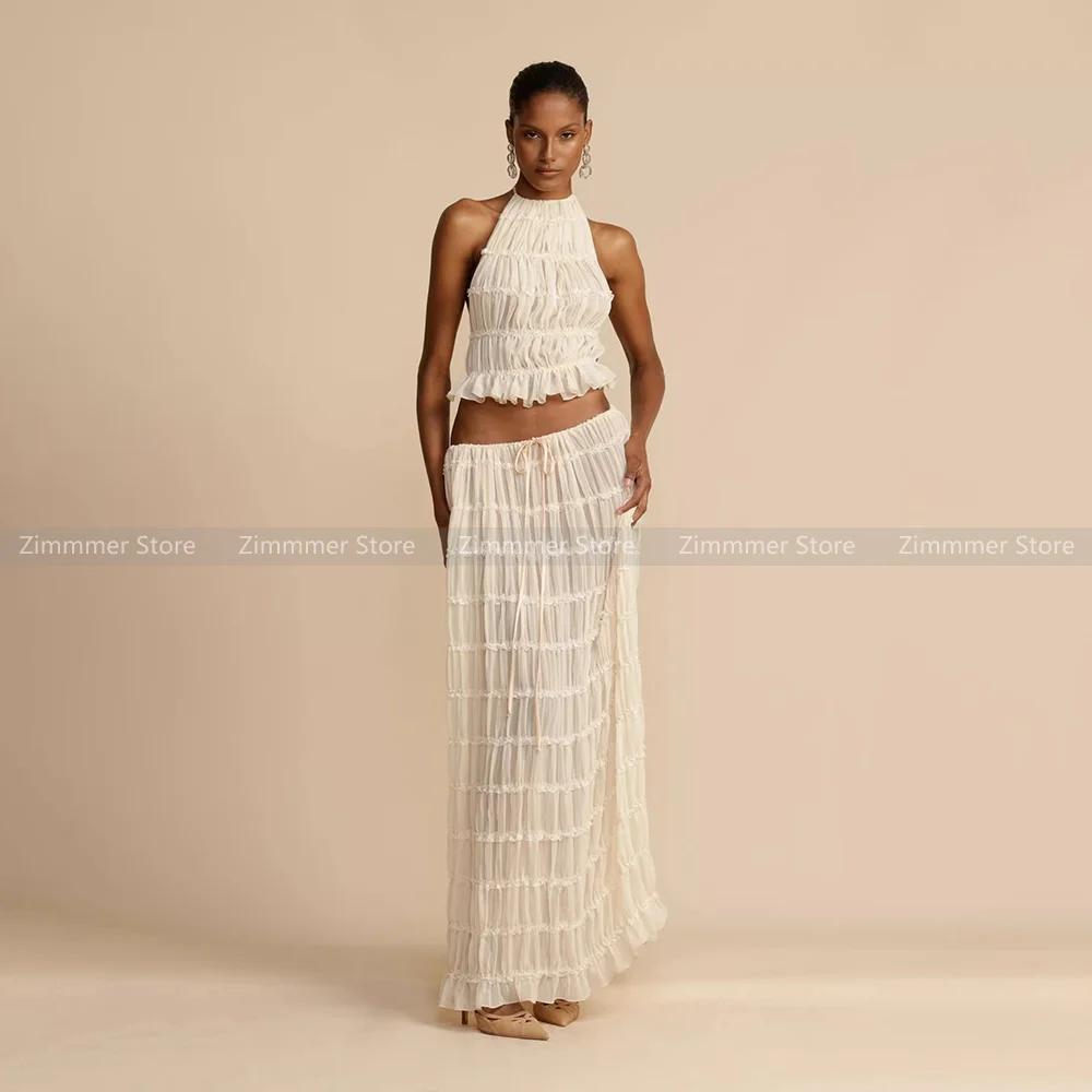 

Slouchy style long skirt niche design neck hanging backless halter vest top holiday pleated bustier skirt set female