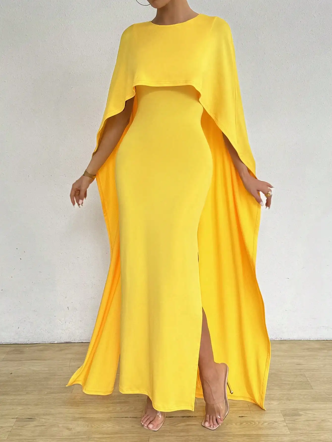 Robe longue jaune à col rond pour femme, faux deux, style 550, hanche, élégante, décontractée