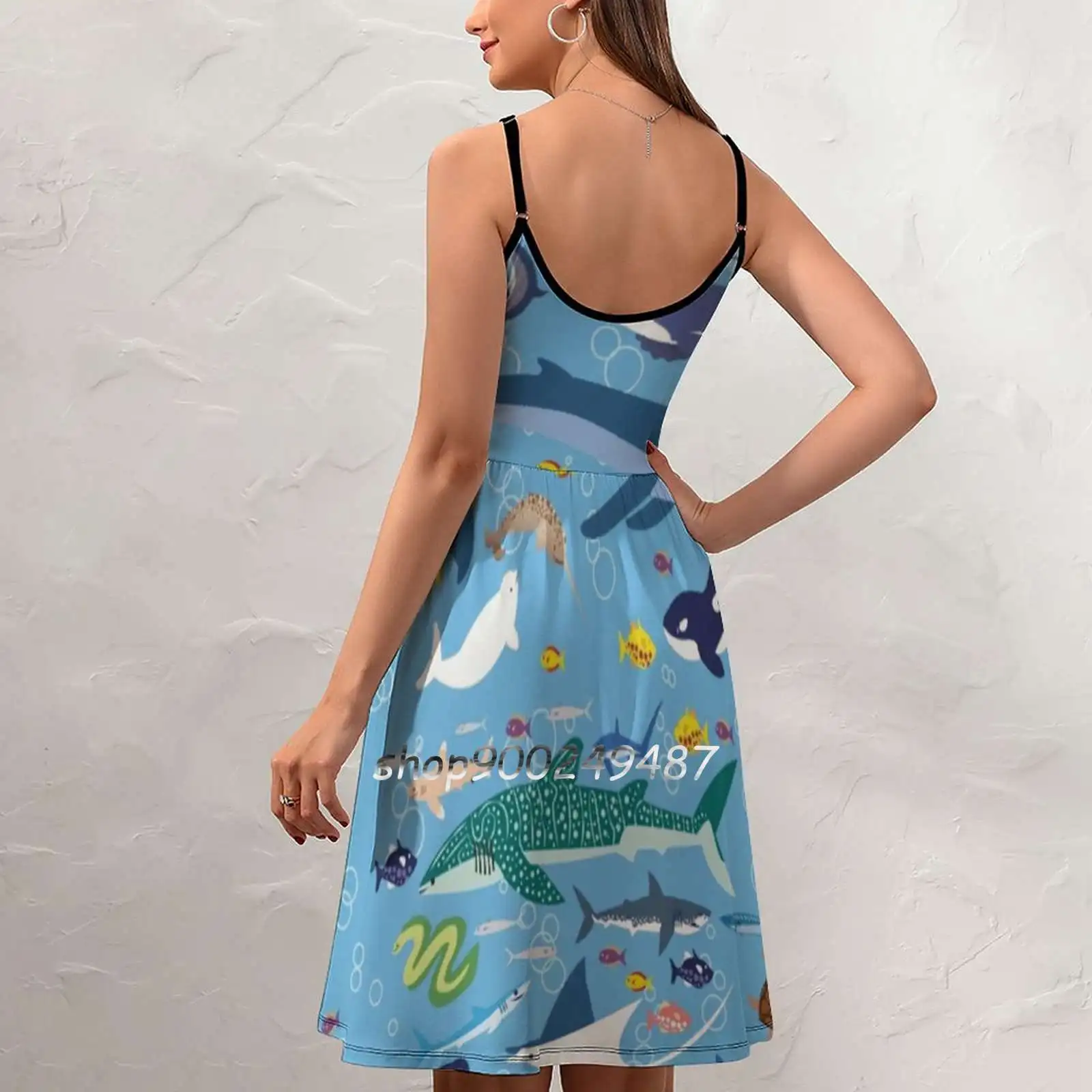 Seananigans-Pattern Sling Dress Women Summer Printing Condole Belt Dresses Whale Shark Dolphin Ray Turtle Sea Ocean Underwater