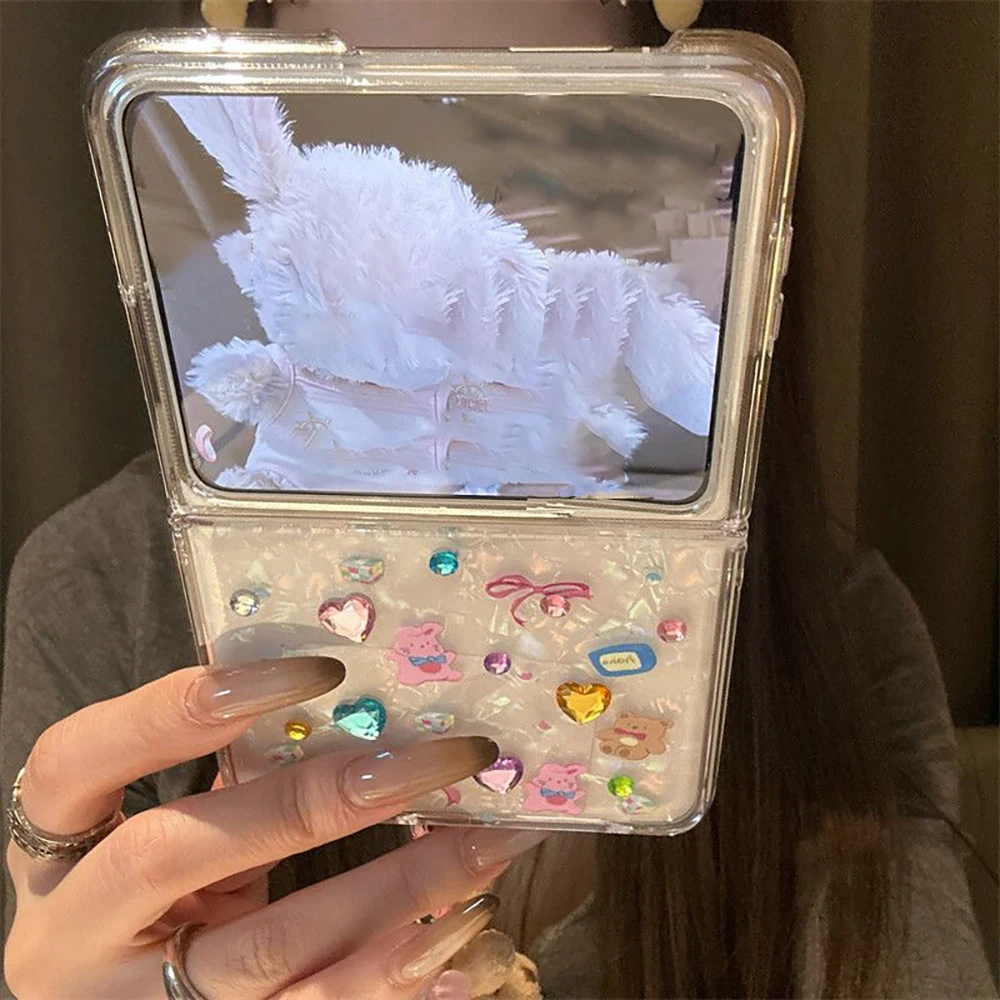 Cute Flip Case For Samsung Z Flip7 6 5 4 / Oppo N3flip N2flip/ Xiaomi Mix Flip Phone Cases With DIY Sticker Rhinestone & Chain