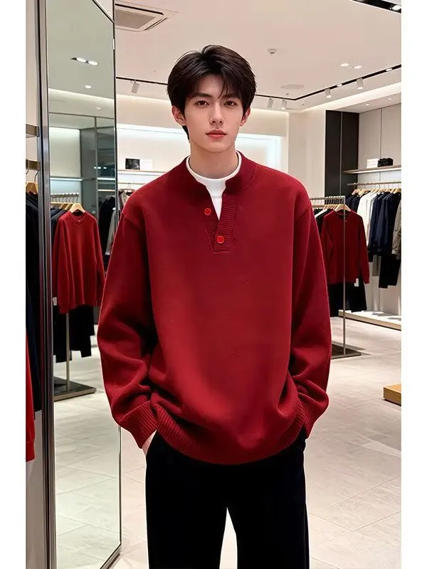

Красный вязаный свитер с воротником-стойкой для мужчин, повседневный, для пар, базовый, на зиму, на Новый год