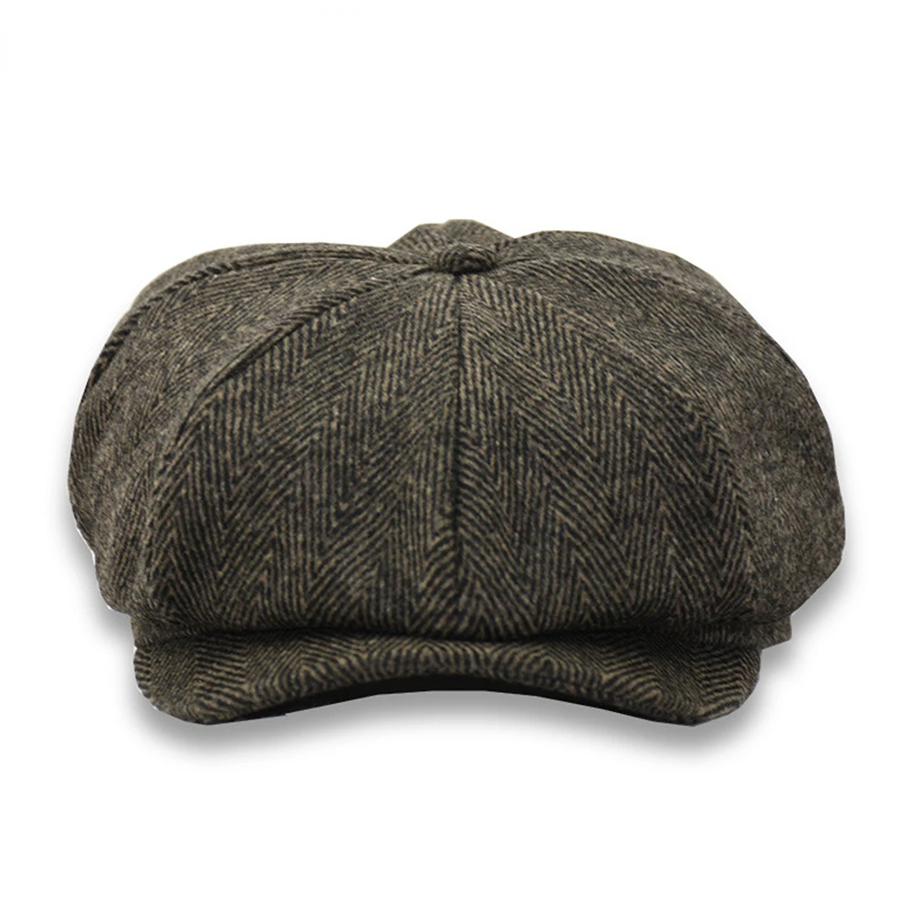 NEWSBOY Wool Mens Hats Vintage Herringbone Flat Cap Woolen Autumn Winter Male Beret Hat Black Coffee