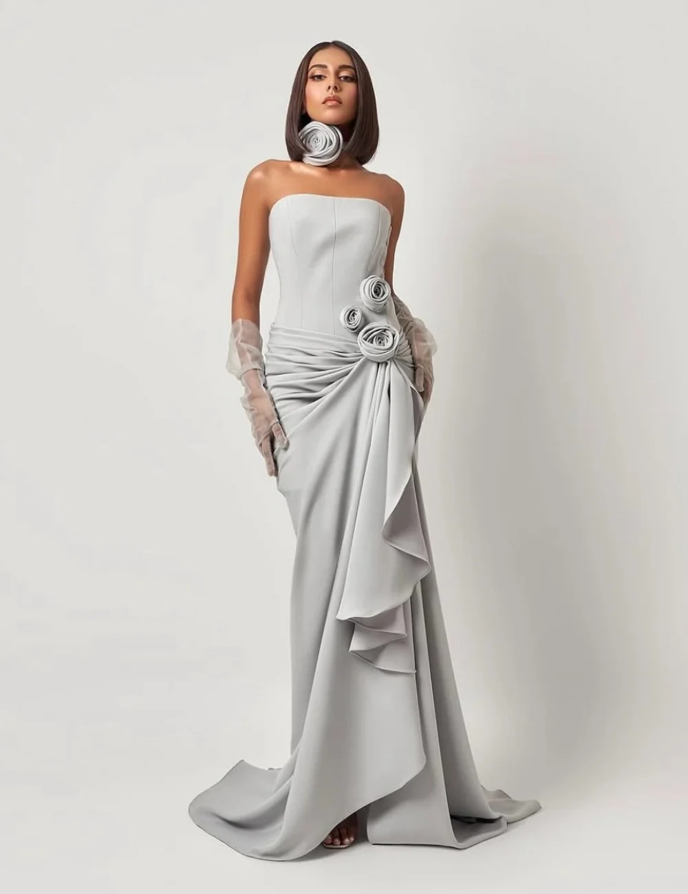 

Customized Elegant Chiffon Pleat Flower Trumpet Strapless Long Dresses Bespoke Occasion Celebrity High Quality