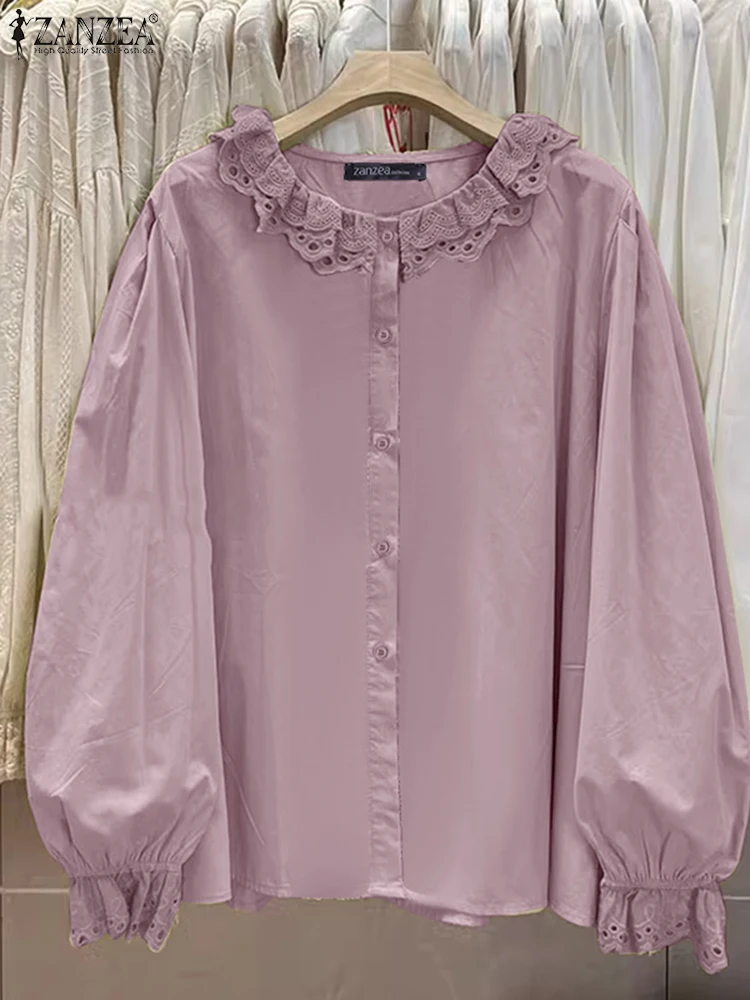 

ZANZEA Long Lantern Sleeves Casual Shirts Peter-Pan Collar Elegant Women 2025 Spring Blouses Vintage Lace Trim Chemise Femme