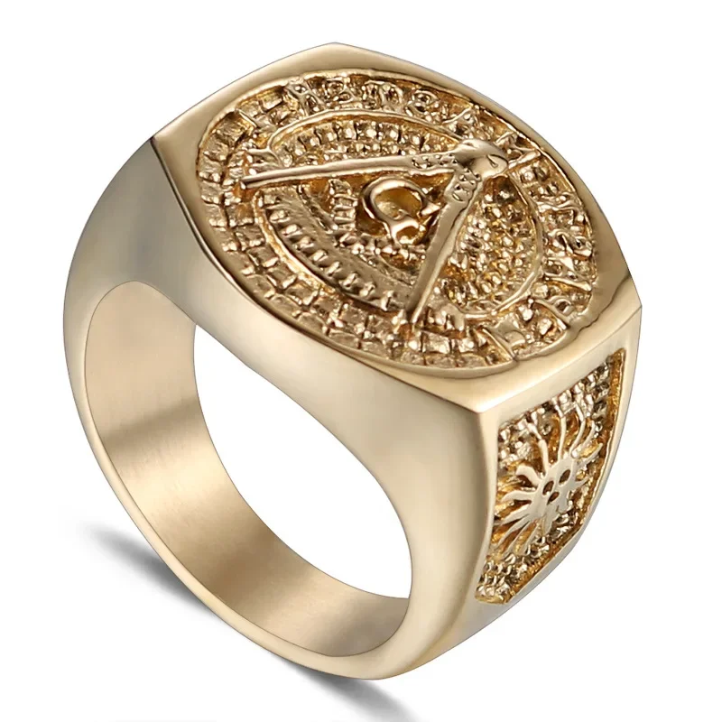 8/9/10/11/12 Gold Plated Stainless Steel Men Ring Waterproof Rust Proof Both Sides Sun Pattern Finger Jewelry Drop Shipping
