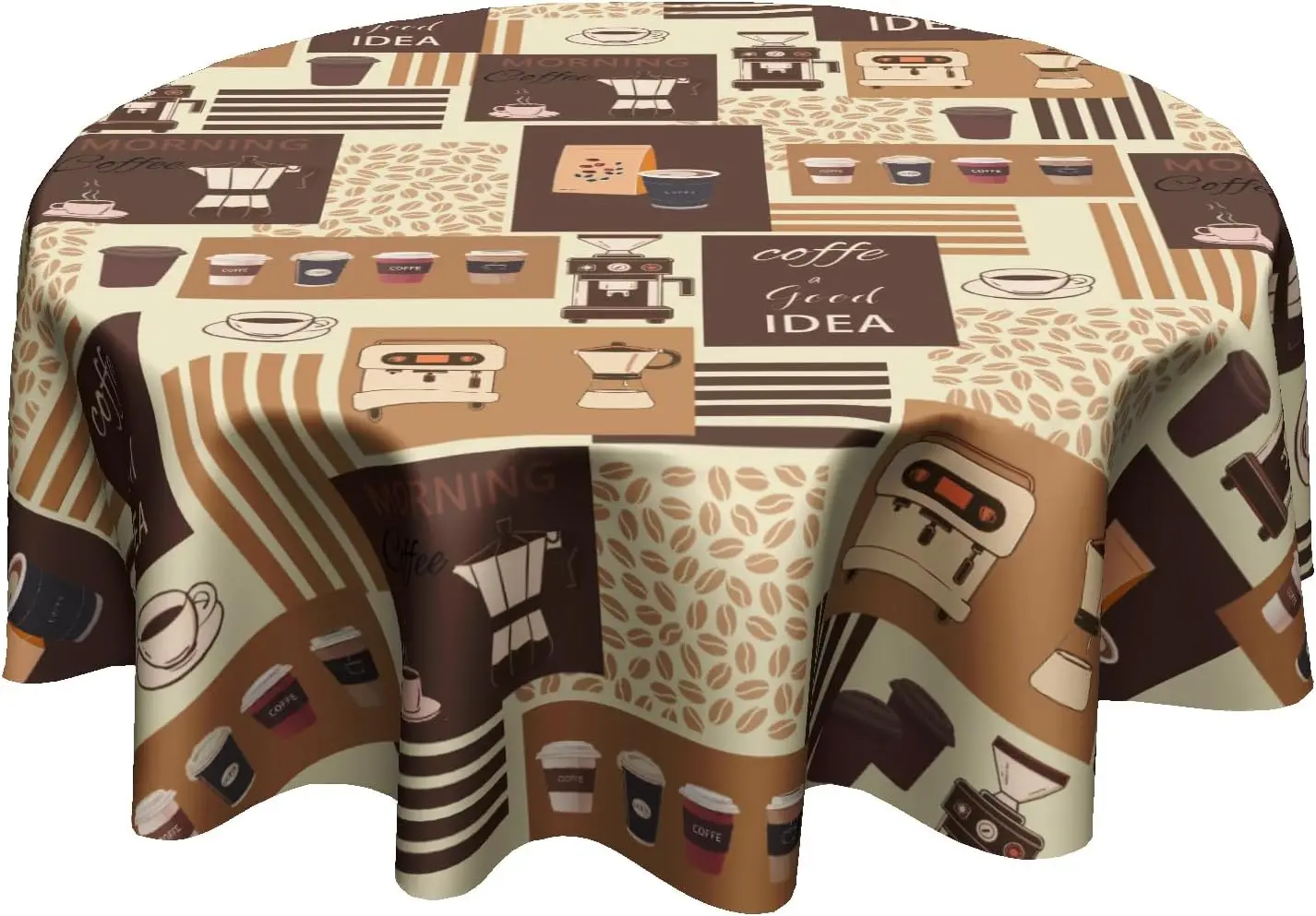 Classic Coffee Themed Table Cloth - Mocha Latte Milk Round Tablecloth Beige Brown Table Cover 60 Inch Decorative for Kitchen