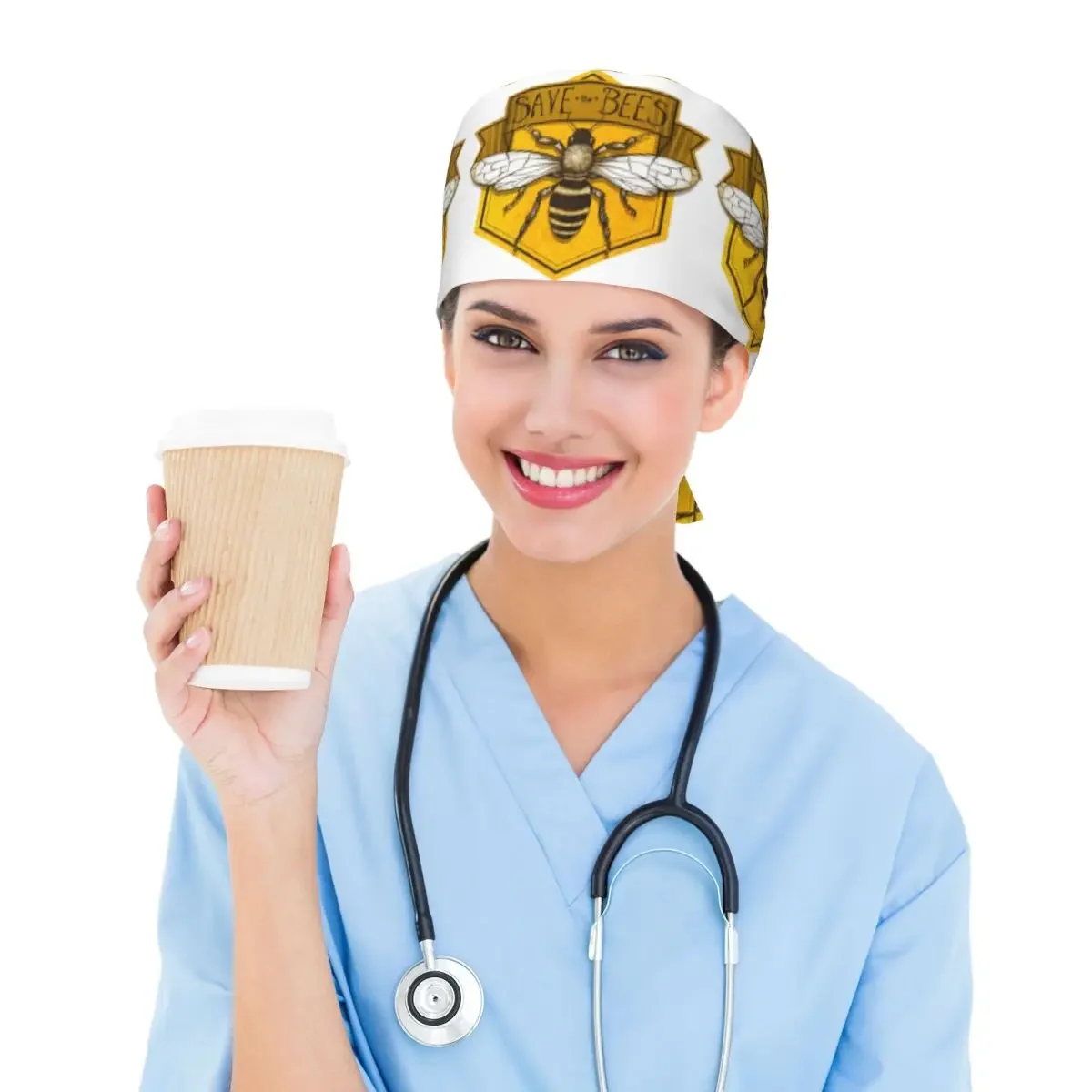 Save The Bees Printed Scrub Hat Doctor Working Surgical Cap Unisex Adjustable Nursing Caps for Dentist