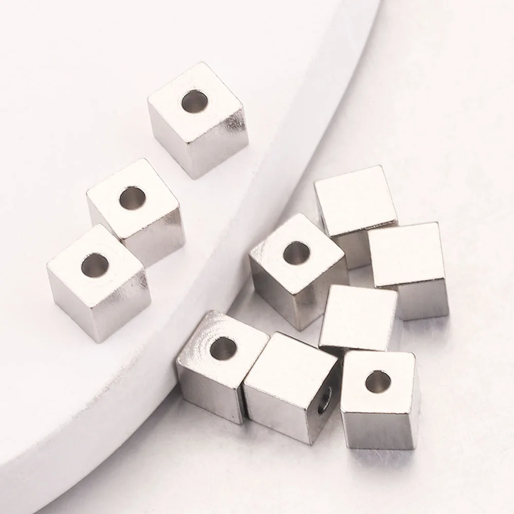 50pcs 3/4/5/6mm Hole 2mm Cube Beads Spacer Stainless Steel Square Loose Bead for DIY Jewelry Making Bracelets Needlework