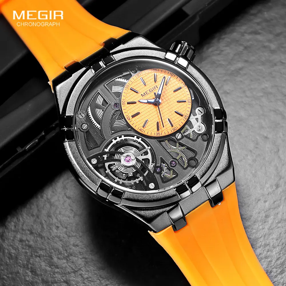 MEGIR Orange Sport Analog Watch for Men Fashion Waterproof Quartz Wristwatch with Luminous Hands Silicone Strap MN8111