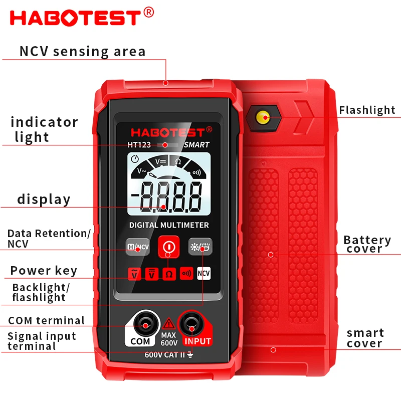 Imagem -04 - Mini Multímetro Digital Smart Auto Range Meter Ncv Teste de Ohm Tester Eletricista Profissional Tensão ac dc 600v Ht123