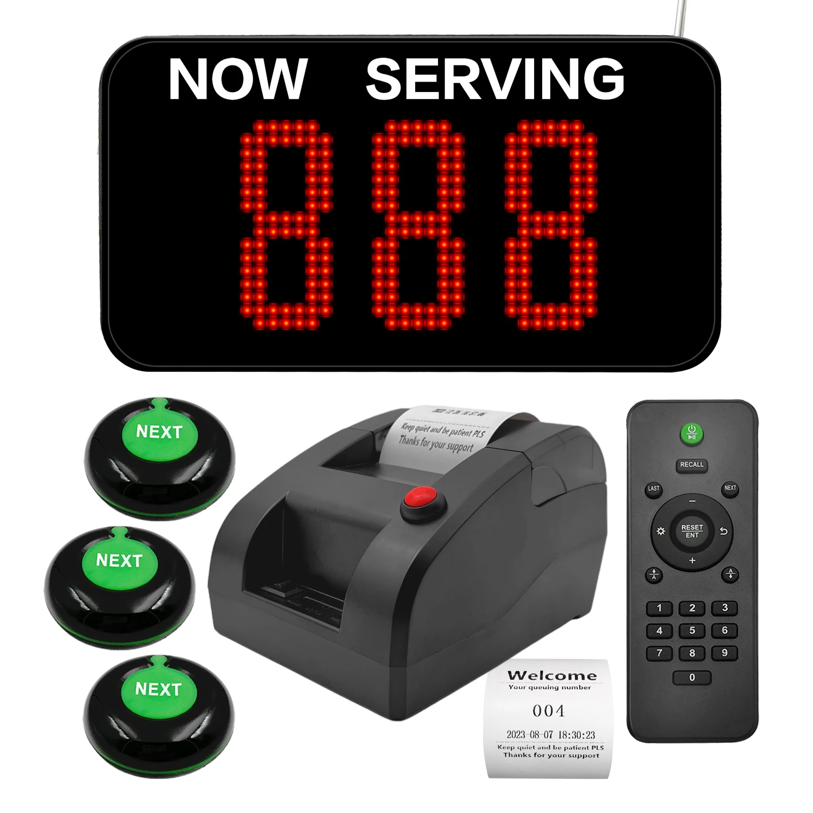 Take a Number Machine Queue Wireless Calling System 1 Electronic Number Display 3 Next Call Button 1 Ticket Printer 57mm Receipt