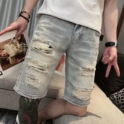 Harajuku Summer Korean Luxury Clothing Washed Punk Denim Shorts for Men Casual Ripped Hole Slim Solid Cowboy Short Pants for Men