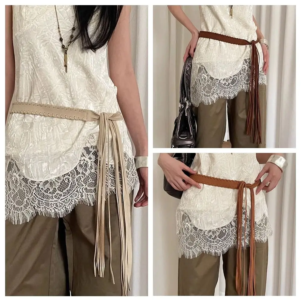 Cintura stile etnico retrò Y2k sottile PU bohemien corda in vita jeans decorazione cintura da cowboy occidentale nappe cintura piccante ragazza