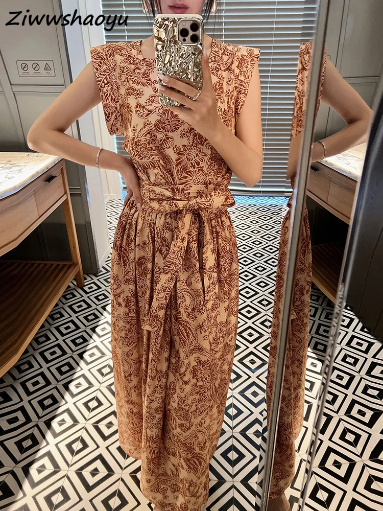 

High Quality Summer Women Fashion Runway Designer Vintage Style Printed Sleeveless Bow Belt Loose Silk Side Split Dresses