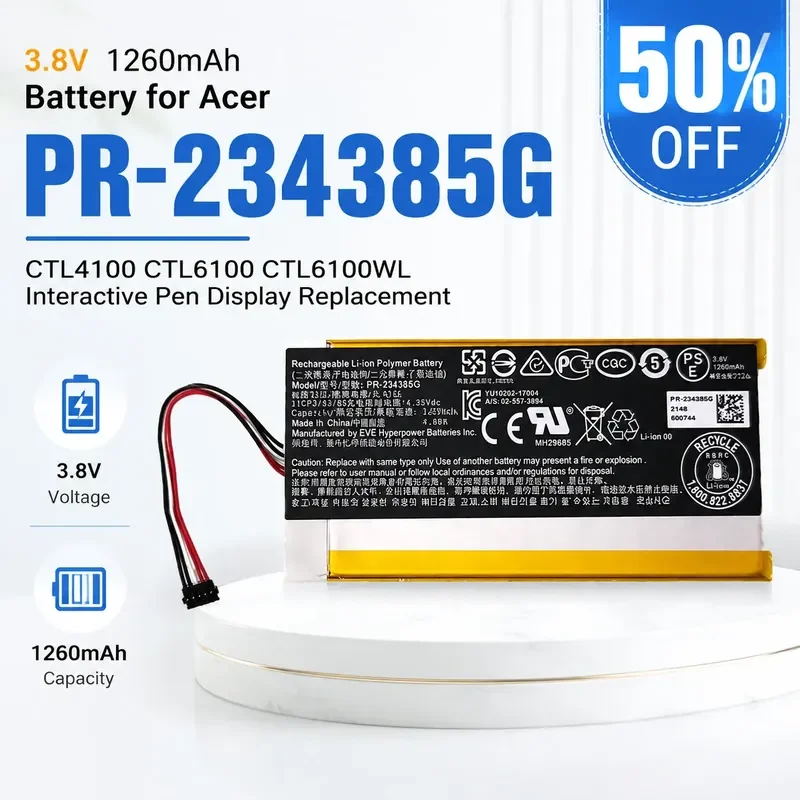 

3.8V 1260mAh Battery for Acer PR-234385G CTL4100 CTL6100 CTL6100WL Interactive Pen Display Replacement