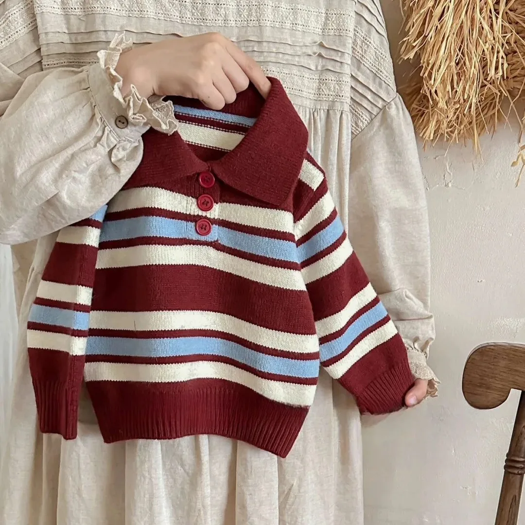 

Autumn and Winter Children's Sweater New Polo Top Striped Stylish Baby Boys' and Girls' Knitted Sweater