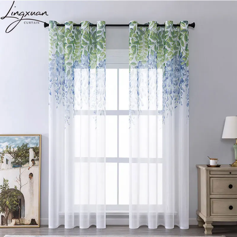 Pastoral Wisteria Flower Tulle Curtains For Living Room Bedroom  Printed Sheer Curtains Kitchen Voile Window Treatments Drapes