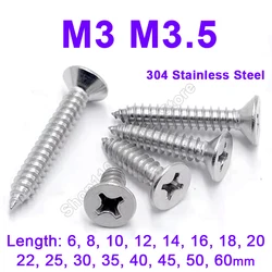 10-300Pc M3 M3.5 304 Stainless Steel Phillips Flat Countersunk Head Self-Tapping Screw Cross Wood Screw Length 6/8/10/12/14-60mm