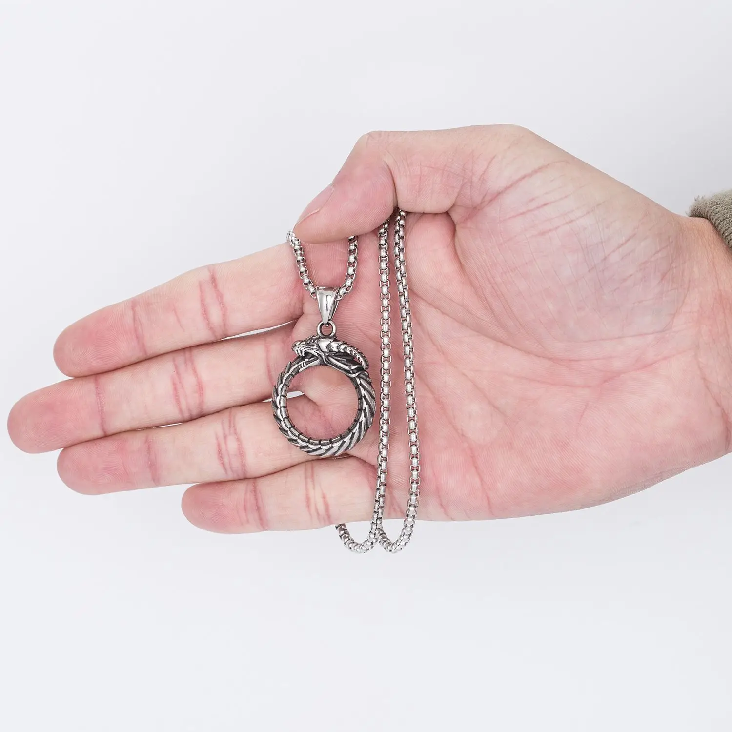 Majestic Dragon Ring Stainless Steel Chain Ouroboros Necklace Vintage Occult Symbolism Mythical Creature Jewelry Unisex Alchemy