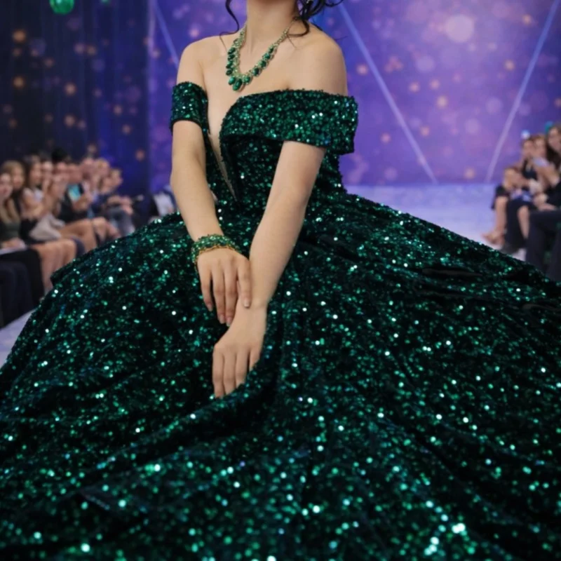 

Simple Shiny Dark Green Quinceanera Dresses off-shoulder Glitter Layering Decal Long tail Vestido De 15 Quinceanera Customize