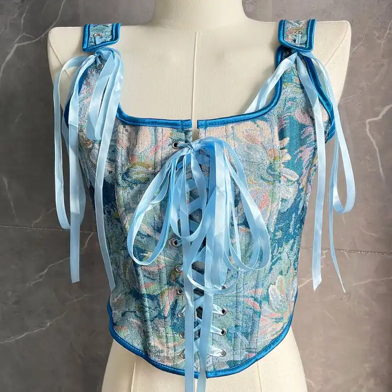 Retro oil painting blue flowers fashionable all-match waist corset French court jacquard elegant exquisite corset