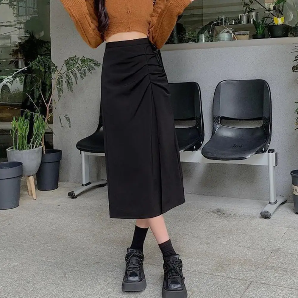 

Loose Fit Skirt Stylish Women's Midi Skirts High Waist A-line Design Side Slit Shirring Hip Wrapped Skirt for Work for Daily