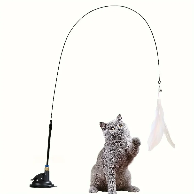 Jouet pour chat - Baguette interactive avec clochette et plumes - Longue tige à ventouse pour des aventures ludiques excitantes - Le jouet ultime pour chat