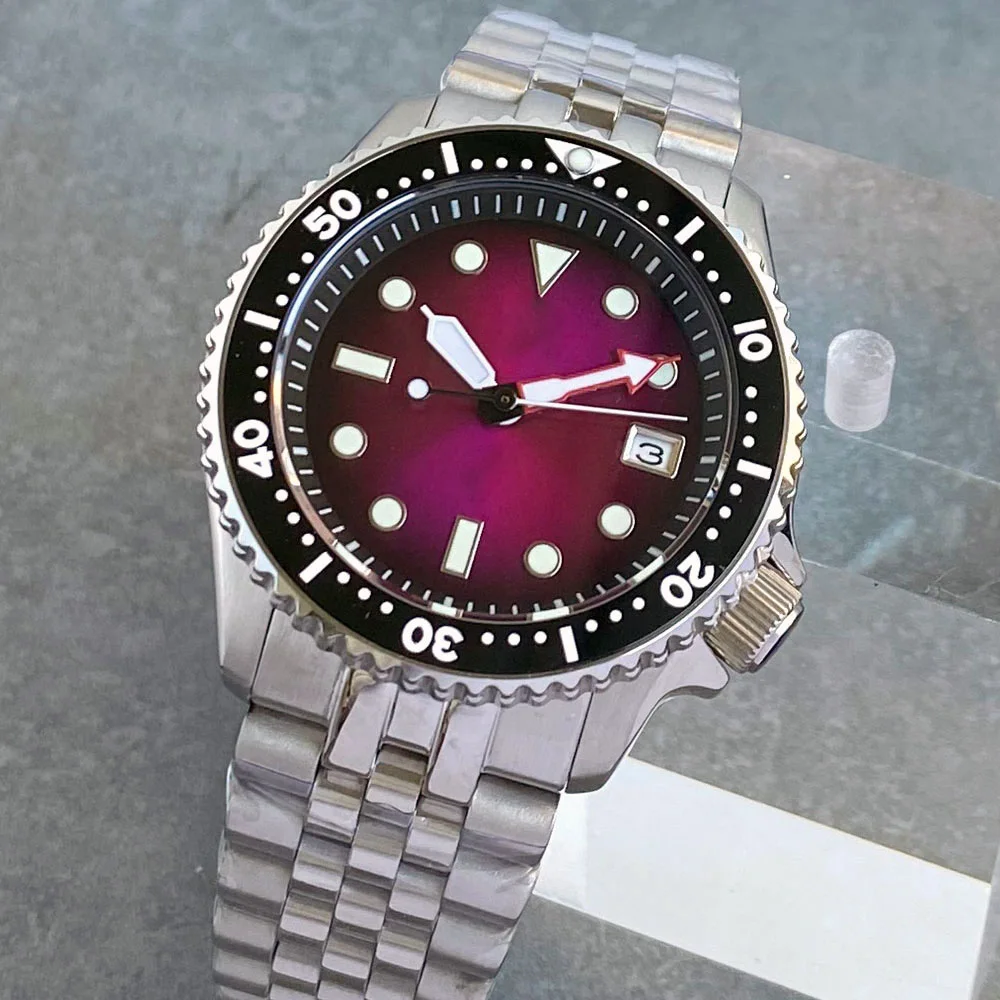 

Tandorio NH35A Automatic Sunburst Purple Dial Green Luminous 200M Waterproof Men's Watches Bezel SKX 3.8 Crown Steel Bracelet