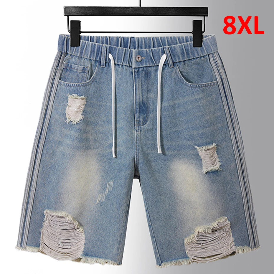 Ripped Hole Jeans Men Denim Shorts Plus Size 8XL Summer Short Pants Fashion Casual Elastic Waist Jeans Big Size