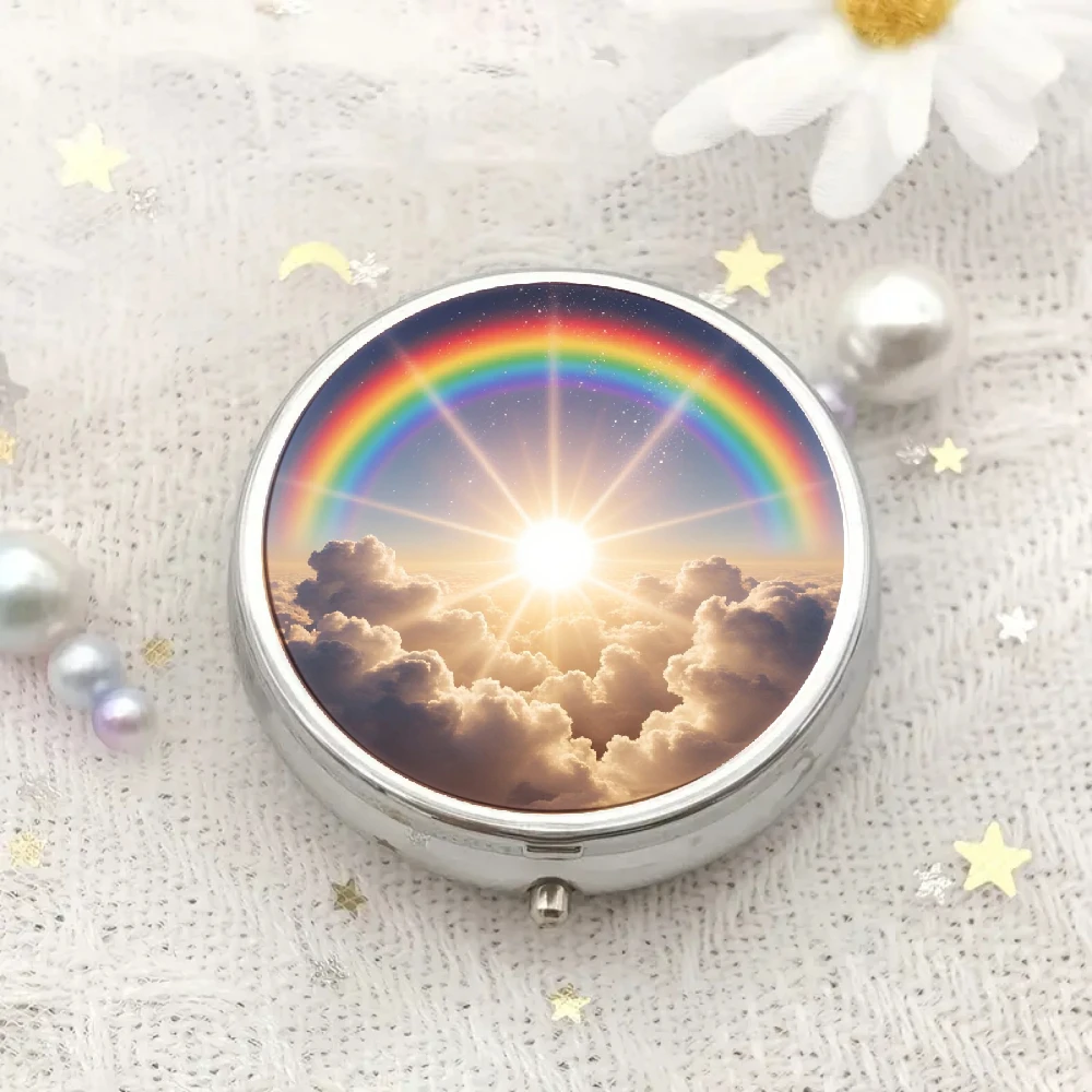 Two-Dimensional Flat Pill Box with Rainbow, Sun, and Cloud Designs, Featuring Three Compartments, Suitable for Travel and Daily Use, and Safe