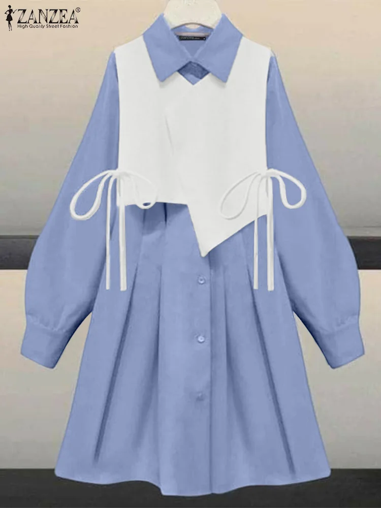 

ZANZEA 2025 Korean Style Casual Dress Fashion Long Sleeve Knee-Length Sundress Vestidos Autumn Patchwork Robe Fake 2pcs