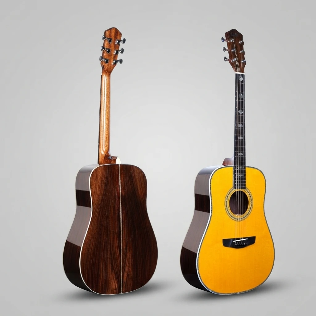 Dreadnought Style All‑Solid Acoustic Guitar,Ebony Fingerboard Abalone Shell Inlay Vintage Yellow For Stage & Daily Performance