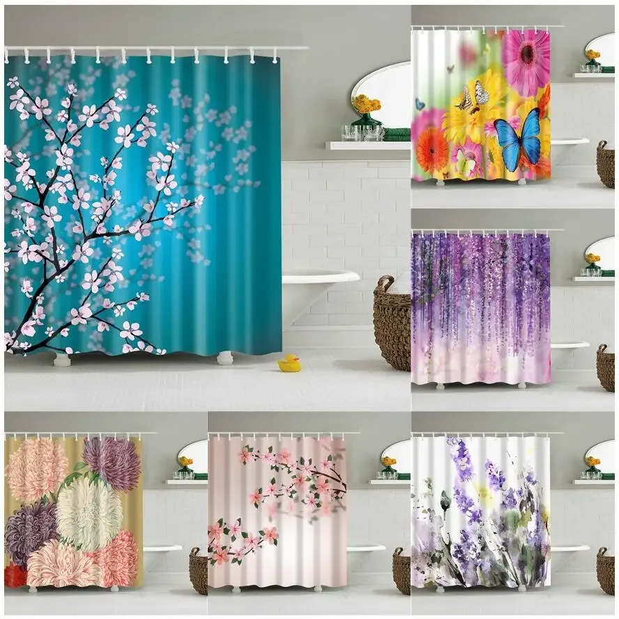Watercolor Cherry Blossom Wisteria Chrysanthemum Colorful Daisy Butterfly Floral Nature Pattern Shower Curtain Waterproof Mildew