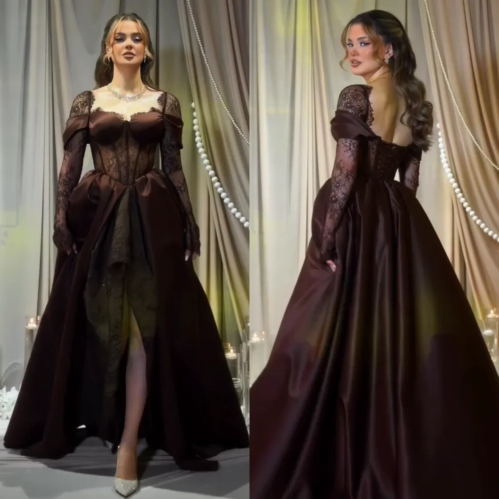 Customized Matching Charmeuse Pleat Lace A-line Square Neck Long Dresses Bespoke Occasion Sparkle Sizes Available