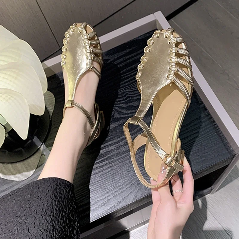 New Women T Strap Sandals Narrow Band Low Heels Dress Shoes Ladies Sliver Wedding Shoes Gold Hollow Outs Sandalias Mujer Summer