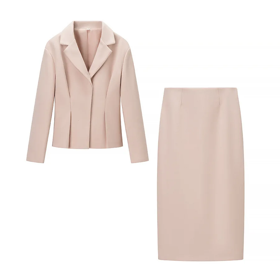 الخريف والشتاء المرأة موضة الياقة المدورة السترة عالية الخصر بلون سليم صالح منتصف طول ألف خط تنورة قطعتين مجموعة #4