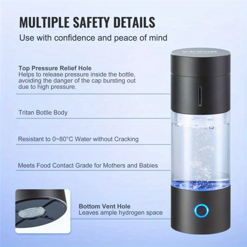 SEWS-Hydrogen Water Bottle 1400PPB Hydrogen Water Bottle Generator 460Ml Portable Electrolysis Machine For Home Office