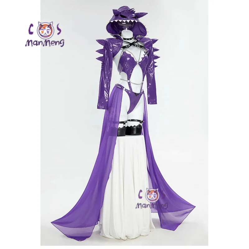 Pokemo Gengar Cosplay Ectoplasma Costume Anime Game Purple leather jumpsuit jacket necklace sock  Halloween women sexy set