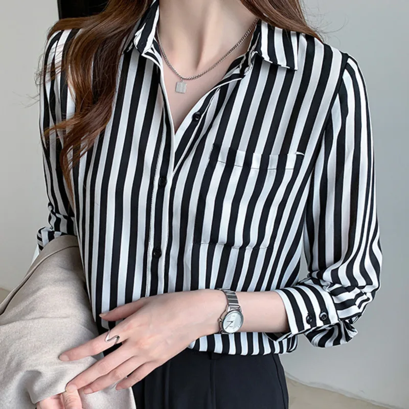 #3248 Office Shirts Women Black And White Striped Shirt Long Sleeve Slim Fit Chiffon Womens Tops And Blouses Pockets Elegant