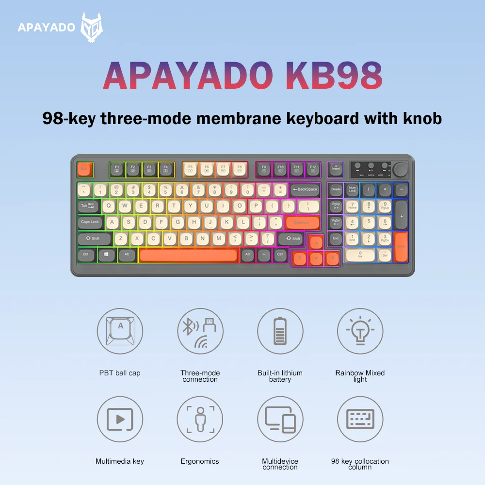 

KB98 Беспроводная игровая мембранная клавиатура, 98 клавиш, трехрежимная Bluetooth-проводная RGB-подсветка, колпачки для клавиш из ПБТ, большая ручка аккумулятора, эргономичная