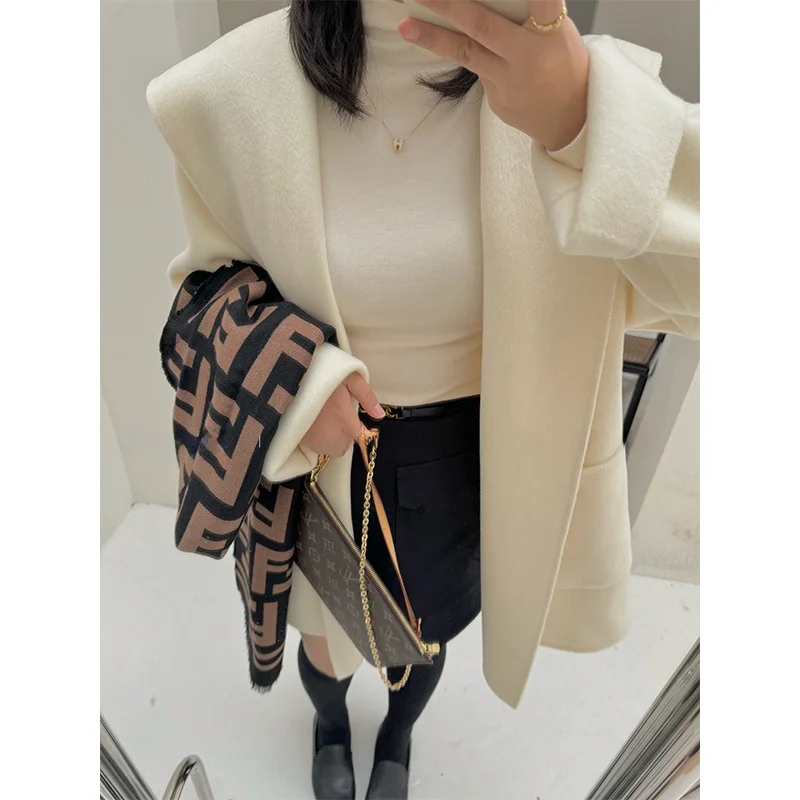 

Handmade Double-Faced Woolen Coat Harebell Small Size White Cowl Ne Long Sve Mid-Length Commute Sle Winter Outerwear