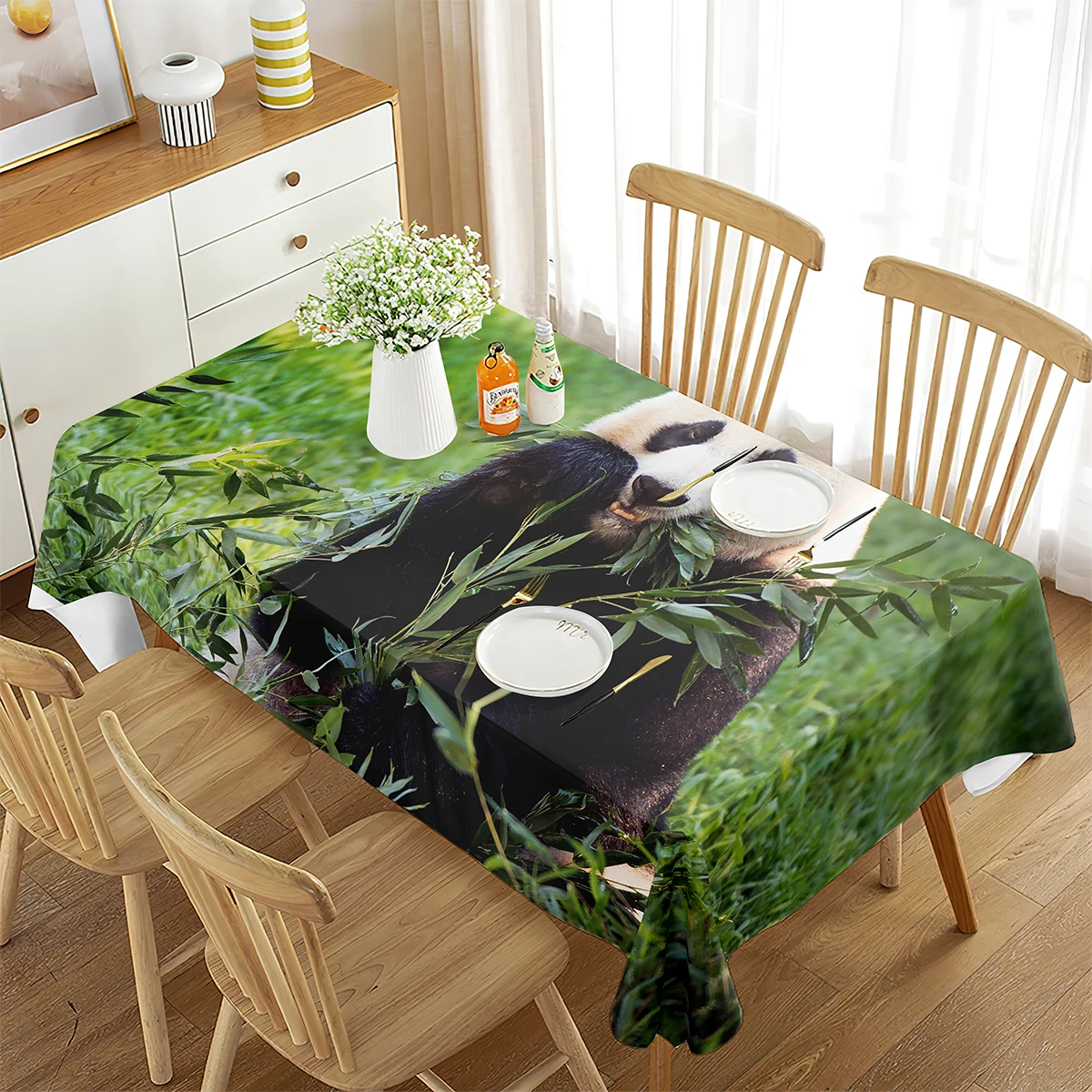 2D Panda Rectangle Tablecloth Black White Panda Eat Green Bamboo Cute Panda for Dining Room Kitchen Home Decorations Tablecloths
