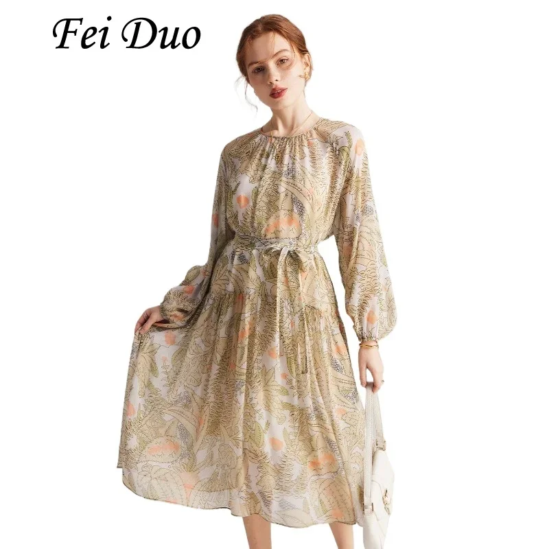 

2024 Spring/Summer New 100% Natural Mulberry Silk Qiaoqisha Printed French Round Neck Lantern Long Sleeve Women's Casual Dress