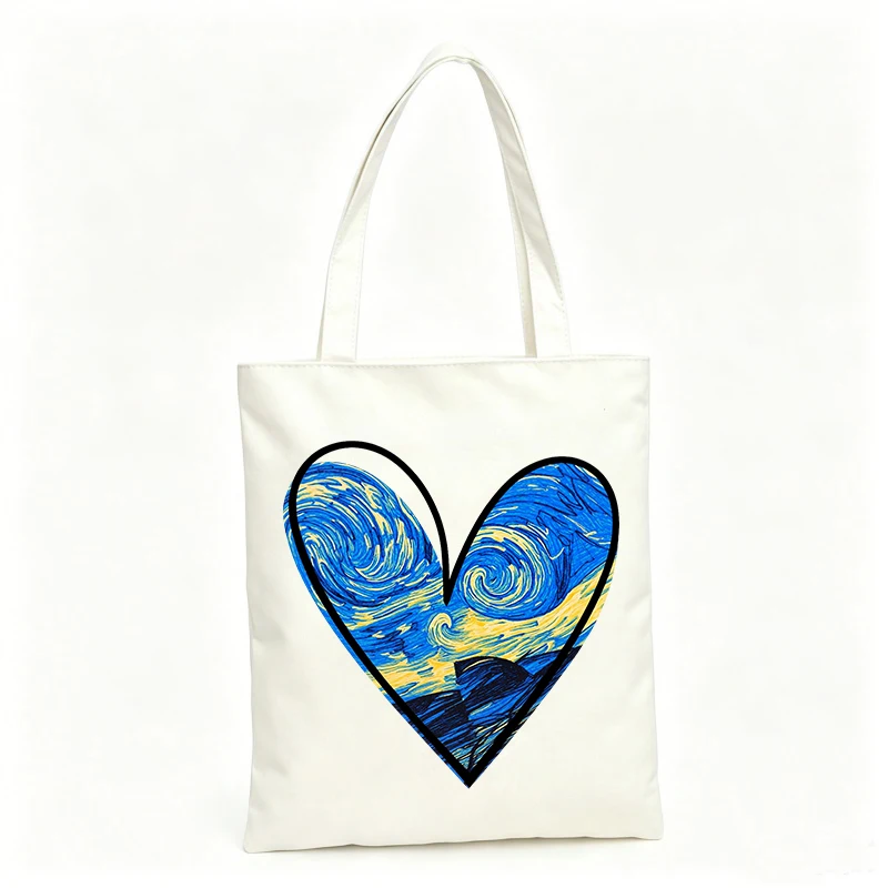 Women's celestial swirl heart print canvas tote bag, artistic style for casual daily use